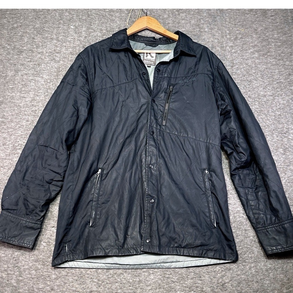 Flylow Shacket Mens Medium Jacket Black Quilted Collared Button Up Snap Ski Snow